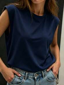 Women's Casual Sleeveless Round Neck T-Shirt, Soft Knit Fabric, Regular Length High Elasticity, Comfortable For Daily Wear Summer - Navy Blue - View 3