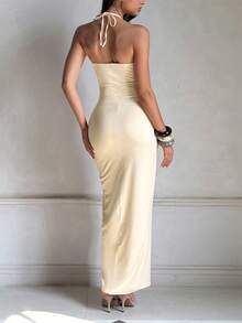 WOWDARK Summer Dress Yellow Fashion Women's Carnival Deep V Waist Tie Open Slit Elegant Dress, Suitable For Carnival, Dates, Gatherings, Parties, Travel, Vacation, Beach And Other Occasions Wedding Party Spring - Yellow - View 4