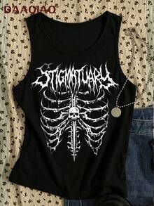 Women's Y2K Grunge Goth Tank Top, Skeleton Print Sleeveless Soft Breathable Top For Streetwear Casual Halloween, Multiple Colors Available - 黑 色 - 查看 2