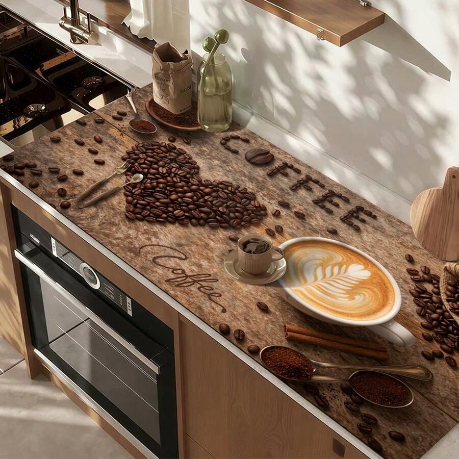 1pc Dish Drying Mat, Coffee Machine Mat, Coffee Theme Print, Coffee Bean Heart Shape, With Latte Art And Coffee Powder Elements, Highly Absorbent And Durable, Suitable For Dining Table, Coffee Shop And More, Multipurpose Drainage Mat, Home Gift, Tabletop Decor