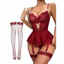 Lilosy Sexy Stocking Rhinestones Heart Garter Underwire Floral Mesh Lace Sheer Babydoll Lingerie Teddy Bodysuit Skirt Set - 純酒紅色 - 查看 1