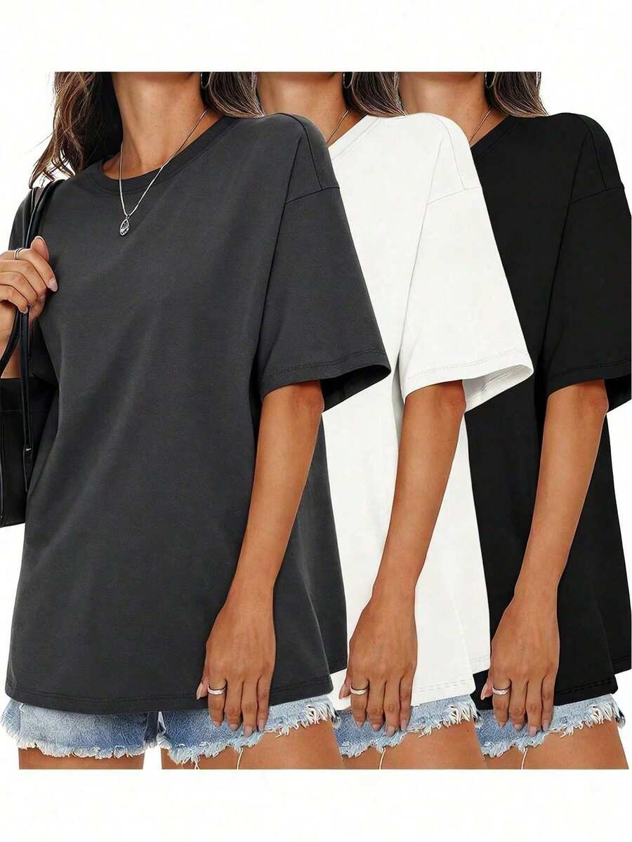 3pcs Women's Round Neck Short Sleeve T-Shirts, Summer New Solid Color Casual Loose Tops, Fashionable Daily Wear - Multicolor - View 1