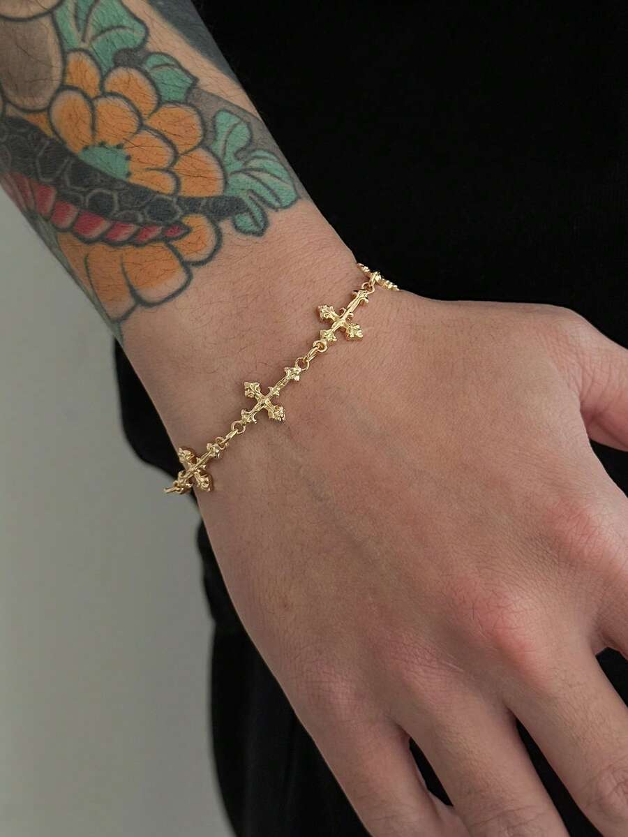 1 buah Gelang Salib Punk Modis, Gelang Rantai Patchwork Geometris, Aksesori Logam Hip-Hop Pria yang Dipersonalisasi, Cocok untuk Pemakaian Sehari-hari dan Pesta, Hadiah Liburan