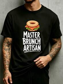 Camiseta de Cuello Redondo para Hombre, Estilo Casual, para Fiestas de Comida, Brunch, Diseño Artesanal, Corte Holgado, 100% Moderna y Versátil, Tejido Suave y Cómodo, Ideal para Uso Diario - Negro - Ver 1