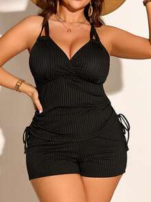 Women's Summer Bikini With Ribbed V-Neck And Adjustable Drawstring - 黑色 - 查看 1