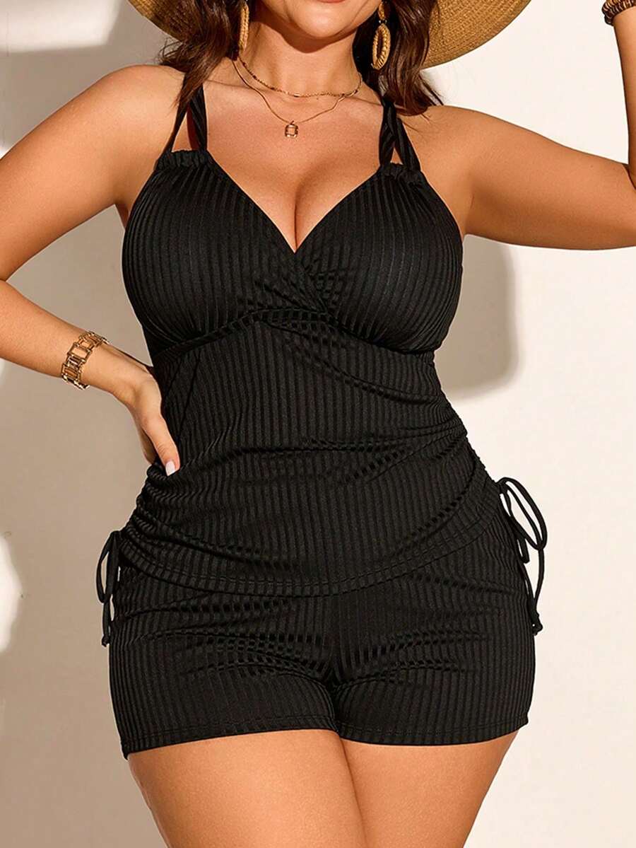 Women's Summer Bikini With Ribbed V-Neck And Adjustable Drawstring - 黑色 - 查看 1