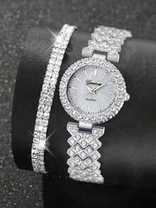 2pcs/Set Women's Silver Tone Watch Set, Rhinestone Dial - Luxury 2 Pieces Gift Box (Watch & Bracelet) - Silver - View 2
