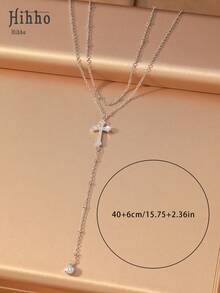 Hihho 1pc Elegant Double Layer Cross Zirconia Y-Shaped Long Necklace, Vintage Religious Cross Pendant, Cubic Zirconia Metal Chain Necklace, Suitable For Women's Daily Wear And Gatherings (Bead Spacing And Quantity On Chain Are Random) - Cross Y-shaped Chain - View 7
