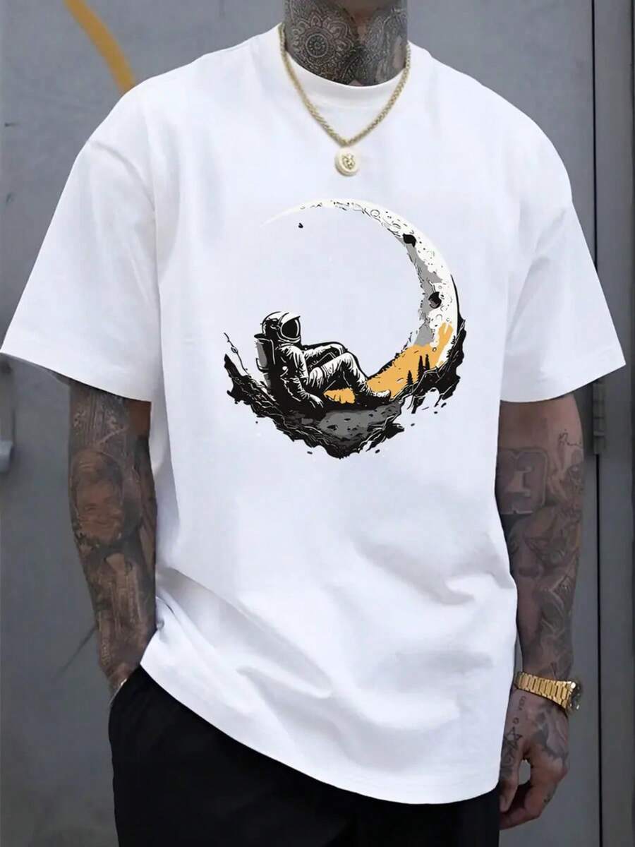 TYJDHGBVN T-Shirt For Plus Size Men: A Comfortable Astronaut Moon Print Tee For Summer Casual Wear - White - View 1