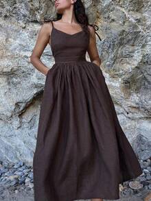 Vestido de verano temprano, holgado, con tirantes y espalda descubierta, elegante, sexy y de estilo vacacional - Marrón - Ver 2