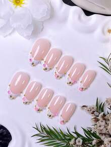 10 Handmade Almond-Shaped Press-On Nails. Crafted With A Nude Base, They Feature Hand-Painted White French Tips, Starbursts And Colorful Rhinestones. Suitable For Daily Wear, Concerts And Light Business Occasions. - Multicolor - View 3