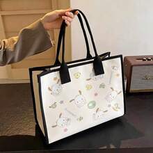 Miniso Pochacco 俏皮幼兒園印花帆布托特包，米色底色搭配重複的 Pochacco 與玩具圖標，大容量日常帆布手提包 - 粉色 - 查看 3