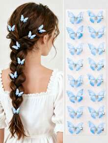 10pcs/Pack Light Blue Double Layer Crystal Mesh Butterfly Hair Clips, Cute Princess Style Hair Accessories Claw Clips Hairpins, Student Supplies Set Suitable For Various Occasions And Daily Wear - Blue - View 1