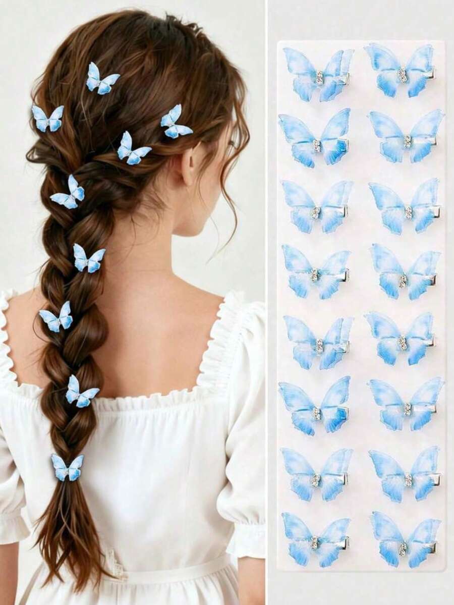 10pcs/Pack Light Blue Double Layer Crystal Mesh Butterfly Hair Clips, Cute Princess Style Hair Accessories Claw Clips Hairpins, Student Supplies Set Suitable For Various Occasions And Daily Wear - Blue - View 1