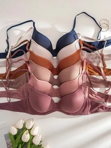 6pcs/Set Women's Solid Color Ribbed Wireless Bra Comfortable Lingerie - Multicolor - View 3