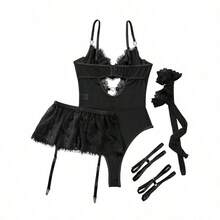 Lilosy Sexy Stocking Rhinestones Heart Garter Underwire Floral Mesh Lace Sheer Babydoll Lingerie Teddy Bodysuit Skirt Set - 黑色 - 查看 5