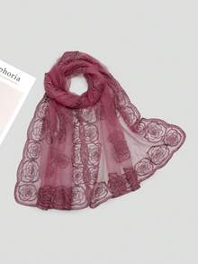 1pc Women's Rose Embroidery Mesh Lace Scarf, Fashionable Elegant Headscarf, Beach Vacation Decorative Lightweight Shawl - Multicolor - View 6