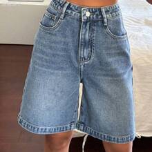 xuehuamaoyi02  Shorts vaqueros tipo bermuda de ajuste holgado con bolsillos para mujer, estilo Y2K para el verano - Azul - Ver 5