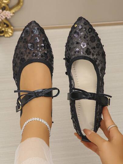 Fashion Plus Size Mesh Sequin Bow Pointed Toe Women's Flat Shoes Elegant Women's Shoes Black Bottom Mesh Ballet Shoes Slip-On Shoes Pumps Black Bottom Mesh Shoes Spring Summer Suitable For Daily Wear Office Commute Casual Shopping Wedding Party Black Shoes Black Shoes Women's Shoes Mother Gifts