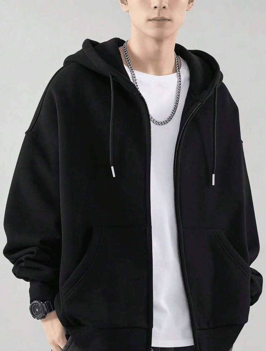 Sweatshirt Jacket Kangaroo Pocket Cold Weather Top With Open Or Closed Zipper - Black - View 1