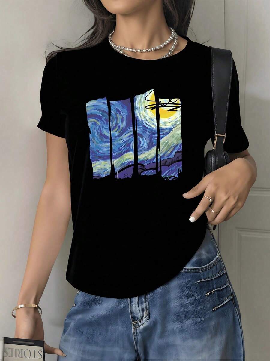 Night Landscape Of Swirling Blues And A Bright Moon Symbolizing Inner Energy And Calm Of The Soul. Women's T-Shirt, 100% Soft Cotton, Modern Cut, 220g, Comfortable For Everyday Wear. - 黑色 - 查看 1
