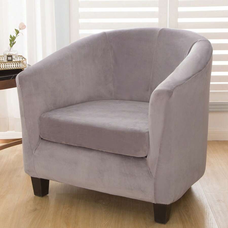 Elastic Armchair Cover For Bathtub Chairs, 2-Piece Set, Velvet Cover With Cushion Cover, Removable And Washable, Club Chair Cover For Office, Dining Room, Club Chair - Silver Gray - View 1