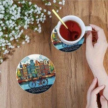 阿姆斯特丹荷蘭飲料杯墊，4英吋圓形吸水杯墊，荷蘭運河與自行車設計桌上杯墊，適用於居家、辦公室、酒吧 - 彩色 - 查看 5