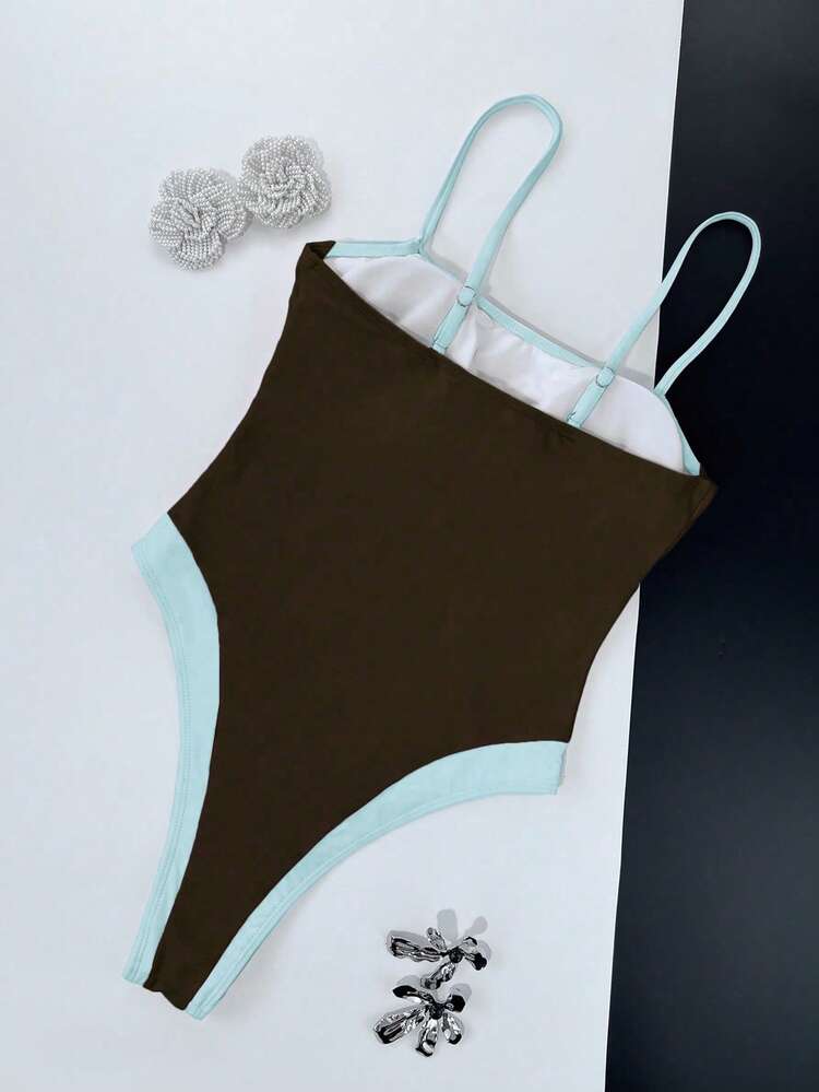 Women's Color Block Square Neck Wide Strap One-Piece Swimsuit, Slim Fit Accentuates Body Curves, Fashionable Beach Style Vacation Summer - Blue - View 5