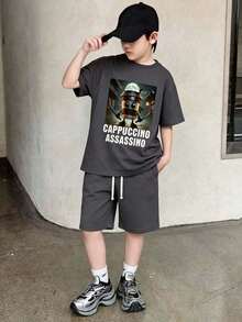Ensemble t-shirt à col rond à manches courtes et short avec imprimé graphique de dessin animé pour garçon préadolescent - Gris foncé - Voir 1
