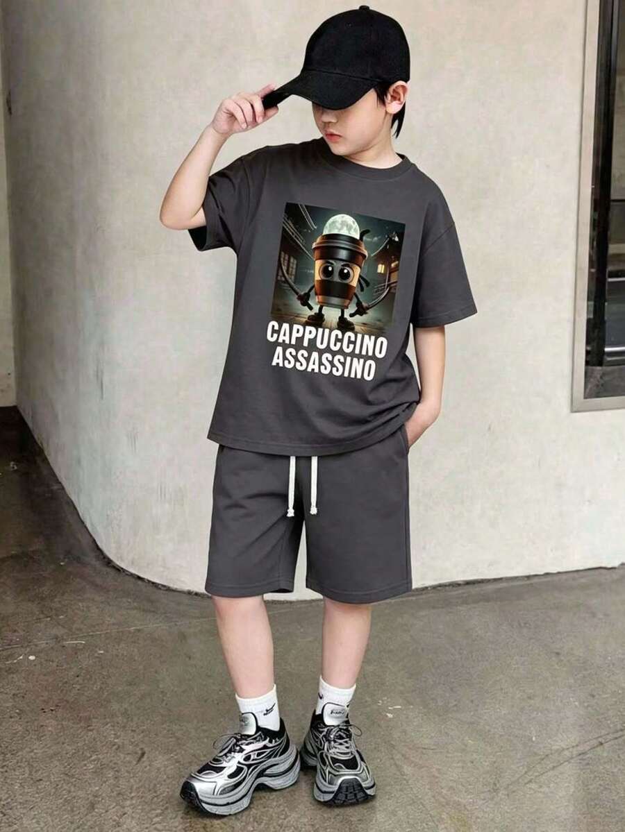 Ensemble t-shirt à col rond à manches courtes et short avec imprimé graphique de dessin animé pour garçon préadolescent - Gris foncé - Voir 1