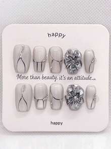 10Pcs Handmade Press On Nails Short Coffin, Luxury Elegant Metallic Silver White Cat Eye Hand Painted Line Rhinestone Flower Acrylic Fake Nails For Women Daily Wear Press On Nail Set - Follow Your Heart - View 6