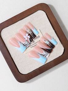 24 Pcs Long Rectangular Press-On Nails, Blue And Brown Color-Block Zebra Print With 3D Bow, Sweet Cool Spicy Girl Style Fake Nails, Suitable For Daily Commute, Date And Party, Includes Nail File + Jelly Glue - Baby Pink - View 5