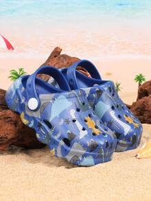 Cute Cartoon Dinosaur Letter Pattern Hollow Out Clogs - Navy Blue - View 3
