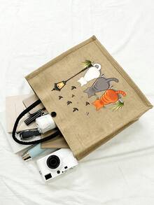 Large Capacity Women's Fashion Handbag, Cat Back Print Tote Bag, Supermarket Shopping Travel Storage Bag, Simple And Fashionable, Linen Handbag, Back To School Storage, Outdoor Travel Storage, Suitable For Girls, College Students, White-Collar Workers, Suitable As Birthday Gift, Teacher's Day Gift, Graduation Gift, Back To School Gift, Holiday Souvenir, Wedding Accessory - Multicolor - View 8