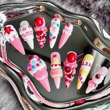 Handmade Nails Press On,Hard And Durable Nail Art 3D Ice Cream & Cherry Press On Nails, Handmade Kawaii Stiletto Fake Nails With Sprinkle Charms, Reusable Glossy Acrylic False Nails For US Women Party Wear
/ Universal In 899 Regions - 玫紅色 - 查看 1