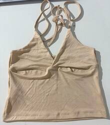 Minimalist Halter Top With V-Neck And Neck Tie - Summer - Beige - View 7