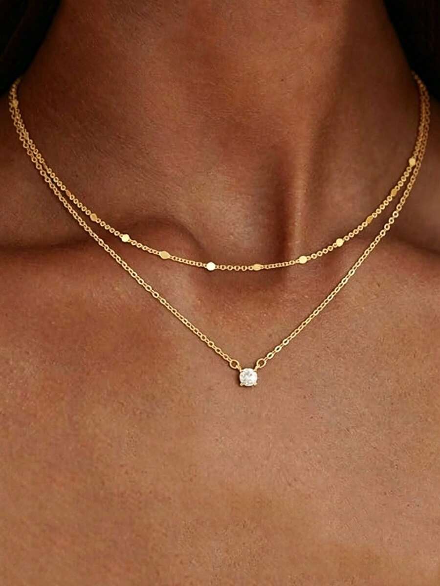 Women's Stackable Square Cubic Zirconia Pendant Necklace Set, Fashionable Personalized Jewelry Gift - Gold - View 1