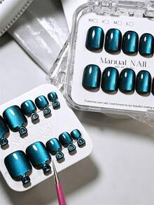 48片裝 藍色玻璃珠貓眼壓接式假指甲 24片手用+24片腳用 短方型 藍色玻璃珠假指甲 夏季可穿戴假指甲片 - 彩色 - 查看 4