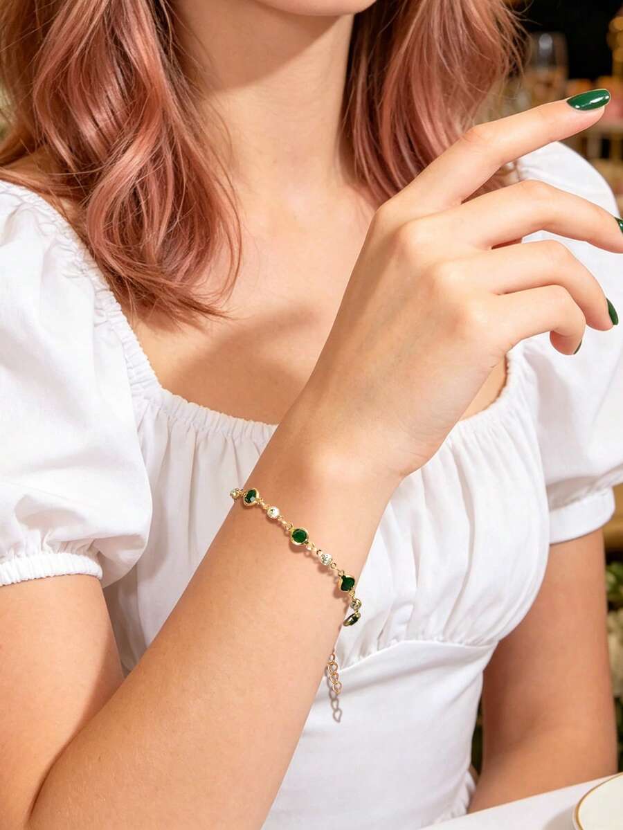 1件優雅綠色寶石水鑽裝飾金色手鍊，極簡精緻珠寶，日常配戴，約會禮物，時尚穿搭 - 綠色 - 查看 1