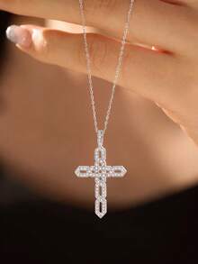 1pc Vintage Fashion Versatile Gothic Hip-Hop Style Geometric Design Pattern Zirconia Inlaid Cross Pendant Necklace, Suitable For Men And Women, Perfect For Banquets, Parties, Gatherings, Daily Wear, And As A Gift For Family And Friends - Multicolor - View 5
