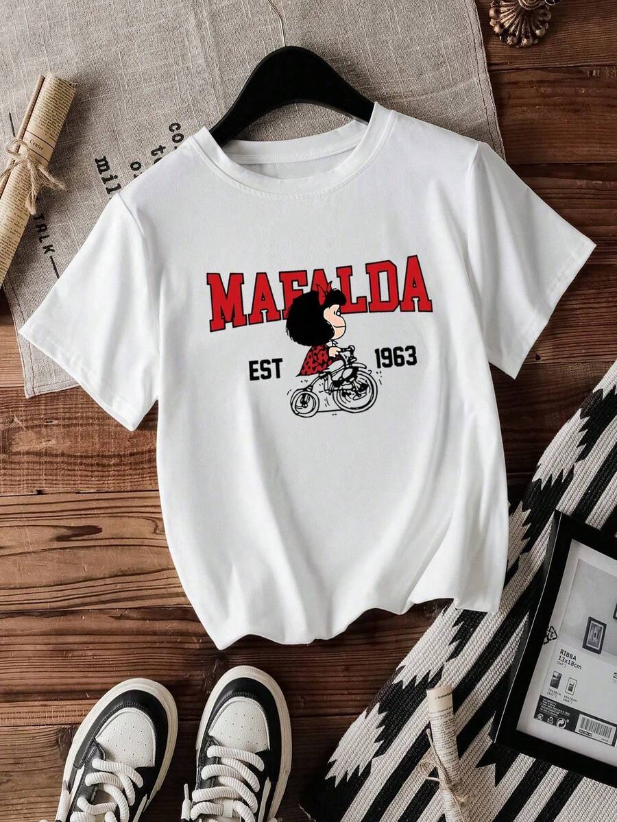 Damen Oberteil Klassisches Mafalda bedrucktes T-Shirt, Retro Gedenk Weiß Kurzarm Oberteil für den Sommer - Weiss - Übersicht 1