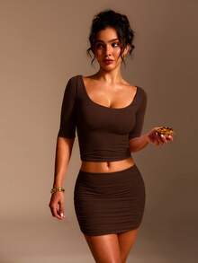 XLLAIS Sexy Sweetheart Neck Yoga Basic High Elasticity Naked Feel Slim Fit Brown 3/4 Sleeve Summer Sports T-Shirt Casual Back To School Style - Dark Brown - View 8