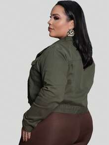 Women's Plus Size Cropped Denim Jacket With Covered Button Hem, Twill Fabric, Sizes G1 To G4 - Army Green - View 4