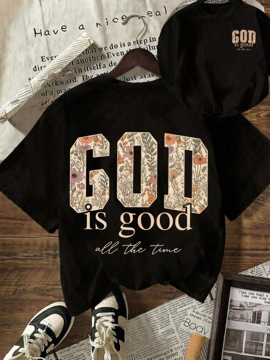 Plus Size Black T-Shirt For Women With The Slogan "God Is Good All The Time" And Floral Print On The Letters, Short Sleeve, Casual Style. - 白色 - 查看 1