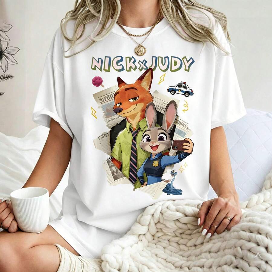Disney Zootopia Nick X Judy Oversized Women's T-Shirt, Nick Wilde & Judy Hopps Selfie Graphic Tee, Casual Loose Fit Shirt, Perfect Gift For Fans - 白色 - 查看 1