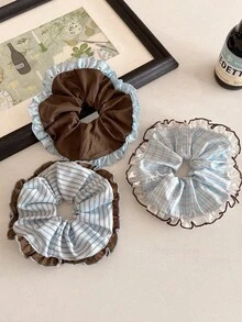 1/3入 優雅藍色條紋大號髮圈、花卉蕾絲低馬尾髮帶、百搭髮飾髮圈髮帶 - 彩色 - 查看 6