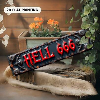 2D平面 Hell 666 紅色哥德字母金屬裝飾牌，鄉村歐式風格裝飾藝術，適合酒吧、餐廳、客廳、臥室、車庫、教室、音樂室、閱讀室、戶外空間、接待區、辦公室，獨特禮物創意，完美房間裝飾