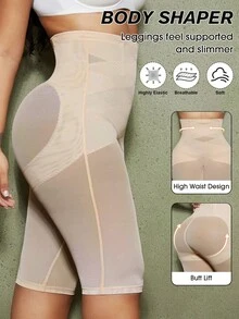 1pc Plus Size Women's Shaping Panties, Abdominal Compression, Waist Shaping, Butt Lifting, Double Layer Cross Design, Hollow Mesh Lingerie For Women, Halloween - Apricot - View 4