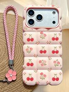 1pc, Summer Pink Cherry Blossom Flower Phone Case, Puff Air Cushion Shockproof Soft Shell With Matching Flower Lanyard, Compatible With IPhone 17/16/15/14/13/12/11 Pro Max, Girly Ins Style Phone Protective Cover, Same Style - Pink - View 2