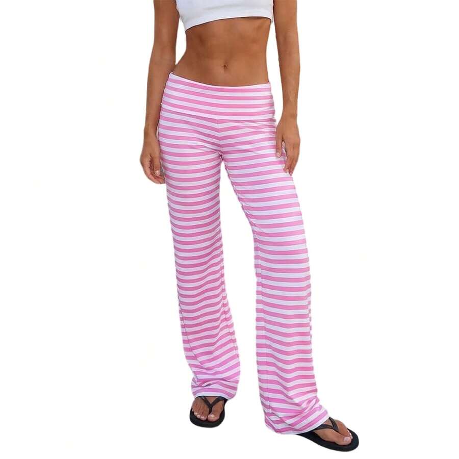 Women Y2k Striped Fold Over Pants Low Rise Yoga Pants Lounge Bottoms Color Block Wide Leg Flare Leggings Sweatpants - Pink - View 1